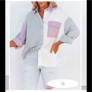 Dren Cotton Colorblock Button Down Top